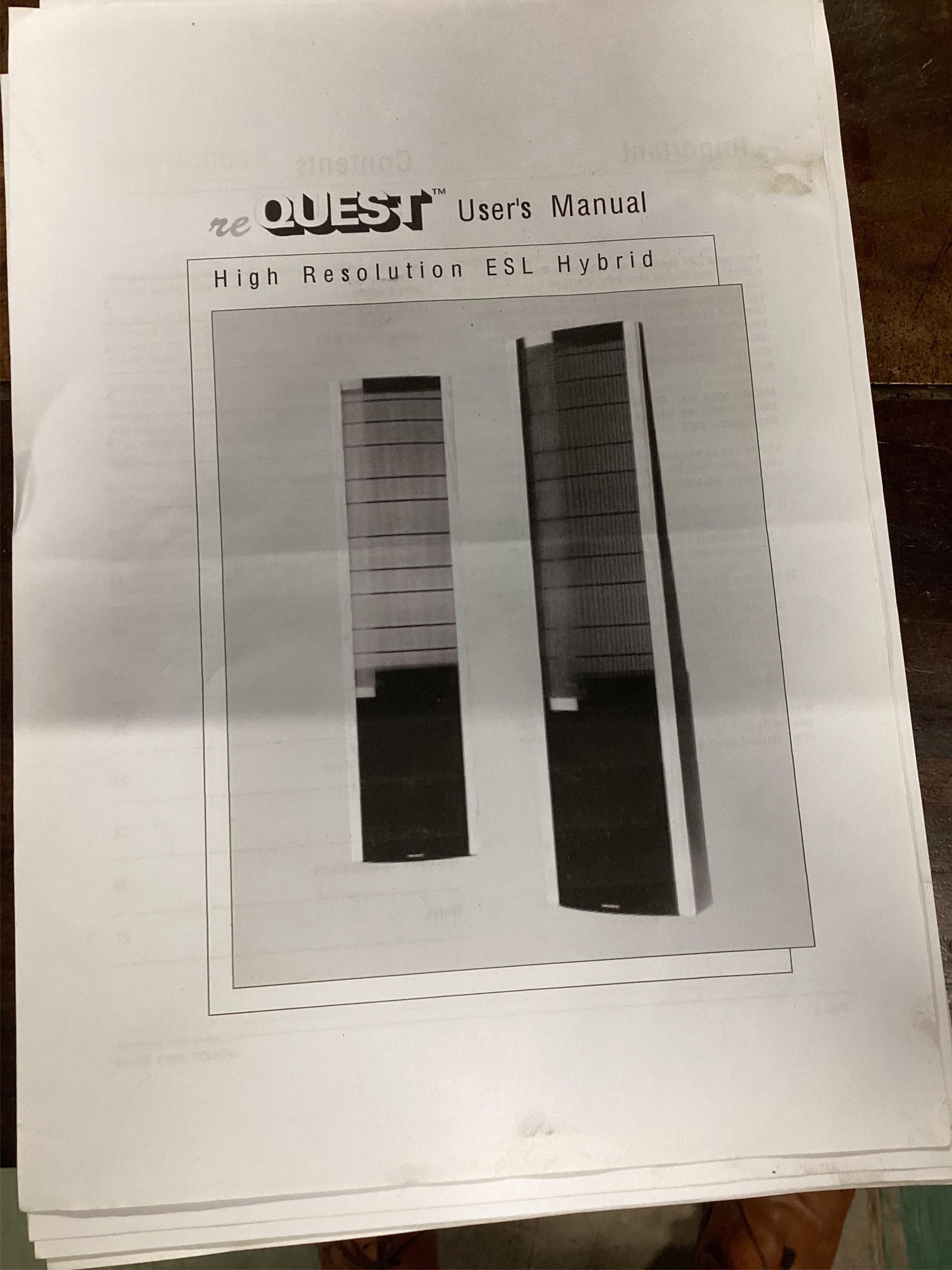 A pair of reQuest high resolution ESL hybrid loudspeakers with Maplin VR05F auto transformer and user manual, 181cm high, 45cm wide, 32cm deep. Condition - fair to good